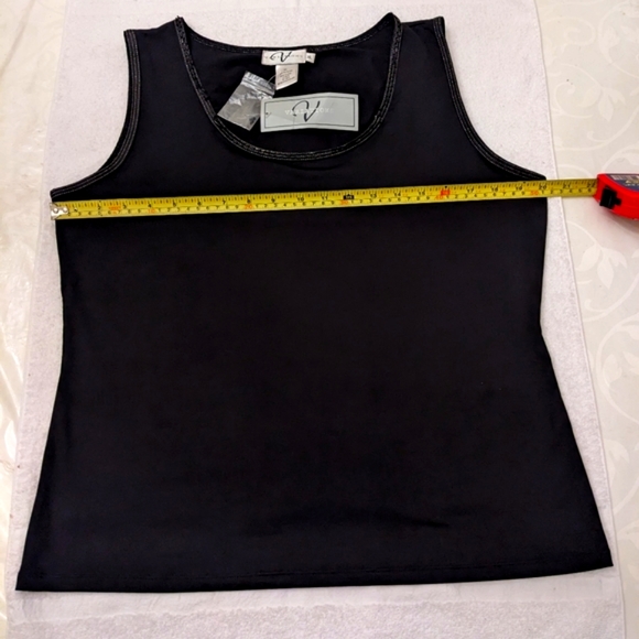 🆕Dressy Sleeveless Black Tank Top with Beaded Neck and Arm Lines - Picture 4 of 6